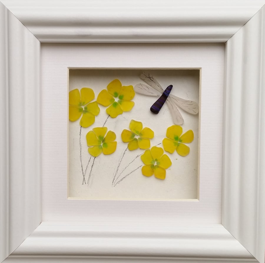 Sea Glass Flowers, Sea Glass Art, Buttercups and Dragon Fly, Mother's Day Gift, 