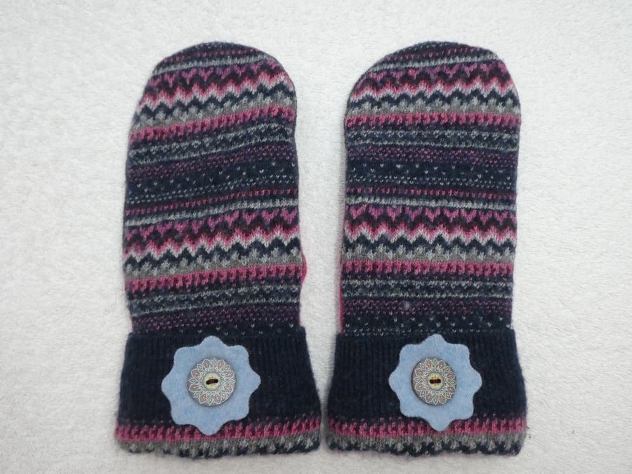 Mittens Created from Recycled Wool Jumpers. Fully Lined. Fair Isle. Pattern Cuff