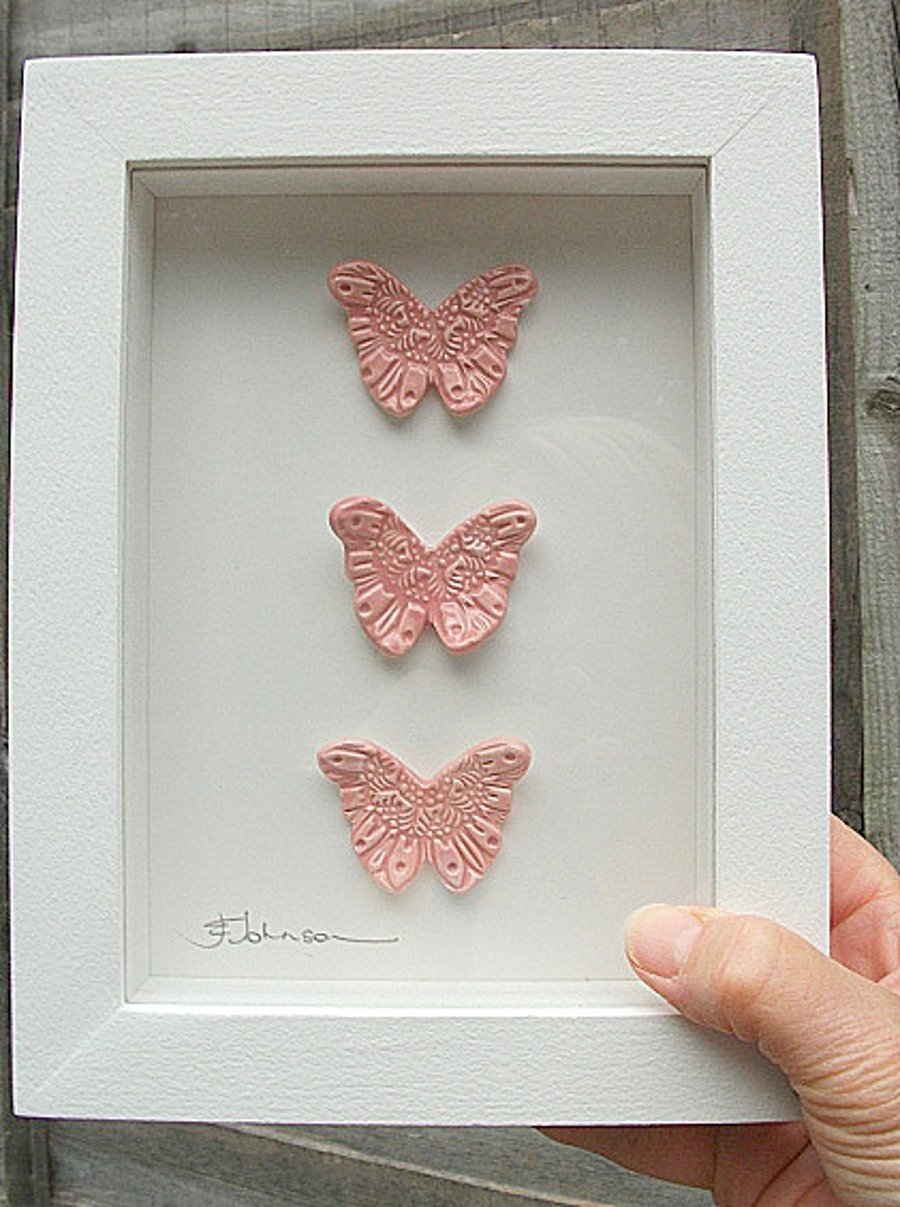 SALE - Ceramic Pink Butterflies in white rustic tulip wood frame