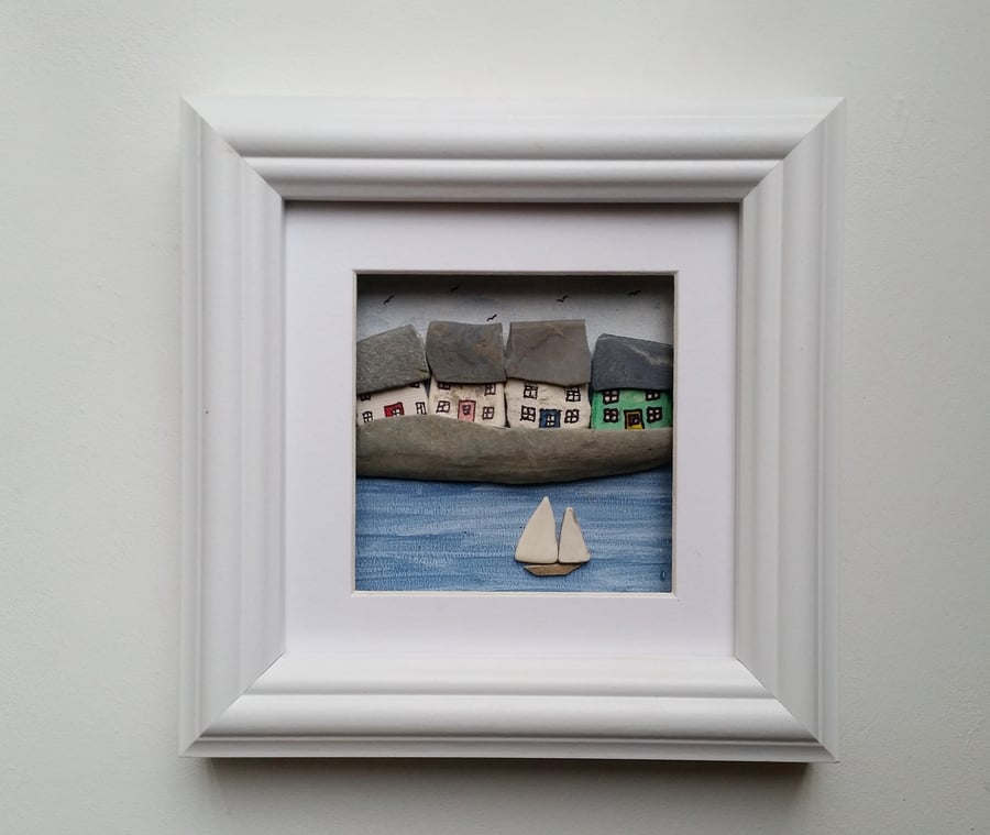 Coastal Framed Wall Art, Cornish Cottages and Yacht, Made in Cornwall