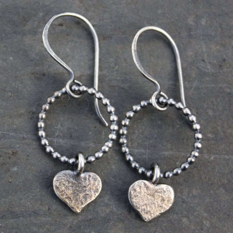 Oxidised Sterling silver heart earrings - love tokens - 