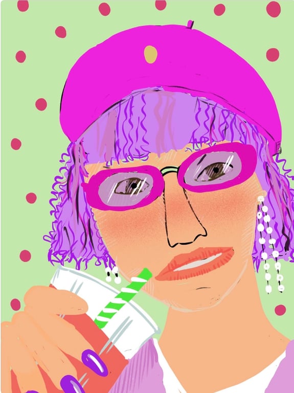 Postcard of a lady in purple hat