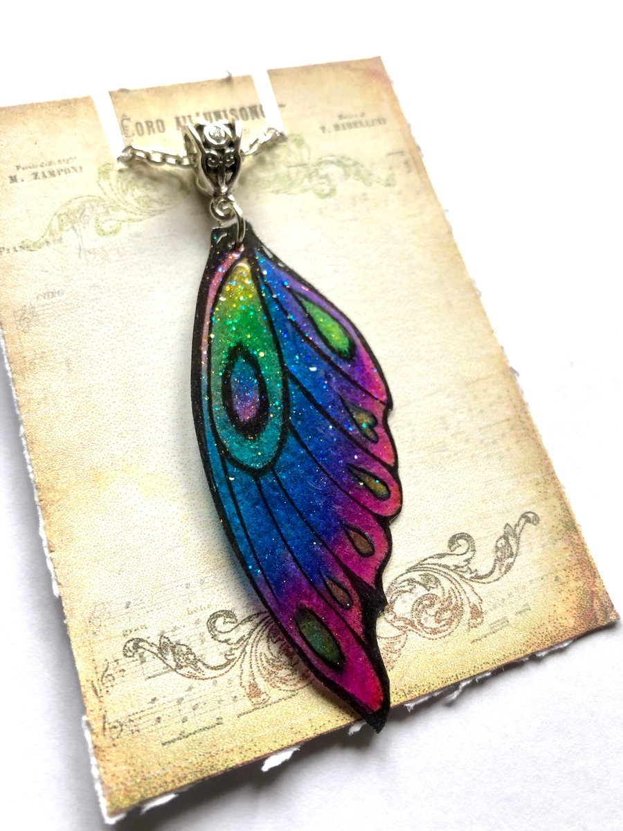 Blue Purple Pink Green and Yellow Fairy Wing Necklace
