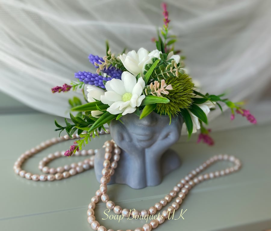 Customisable Solid Soap Flowers - White Daisies and Lavender, Floral Arrangement