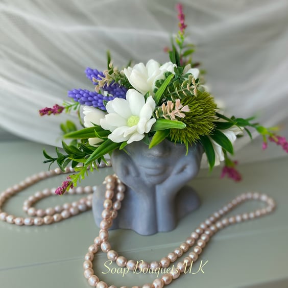 Customisable Solid Soap Flowers - White Daisies and Lavender, Floral Arrangement