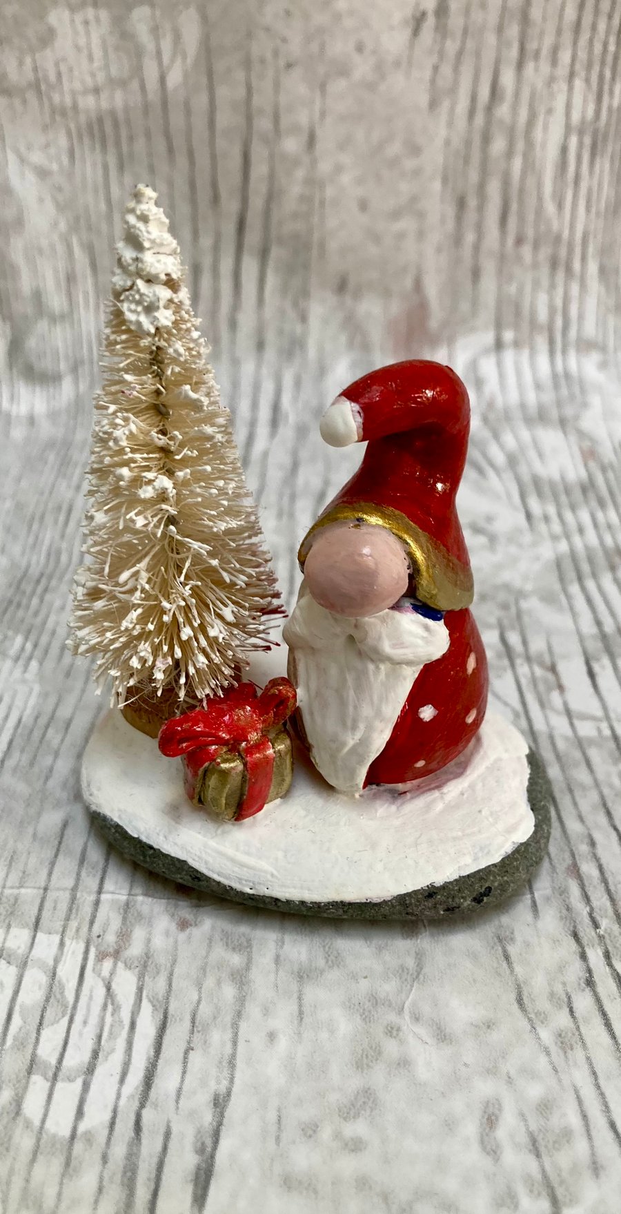 Christmas Gnome Mini Sculpture On A Stone Clay Miniature Festive Ornament