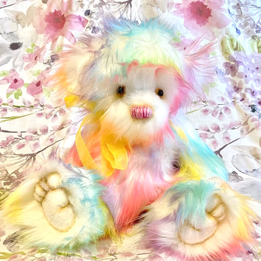 Evangeline rainbow bear, hand sewn collectible teddy bear with a yellow bow