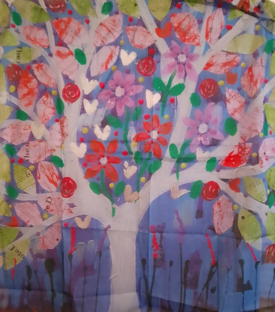 Quirky Jewelled Tree in a Blue Sky cotton scarf 90cm x 90 cm