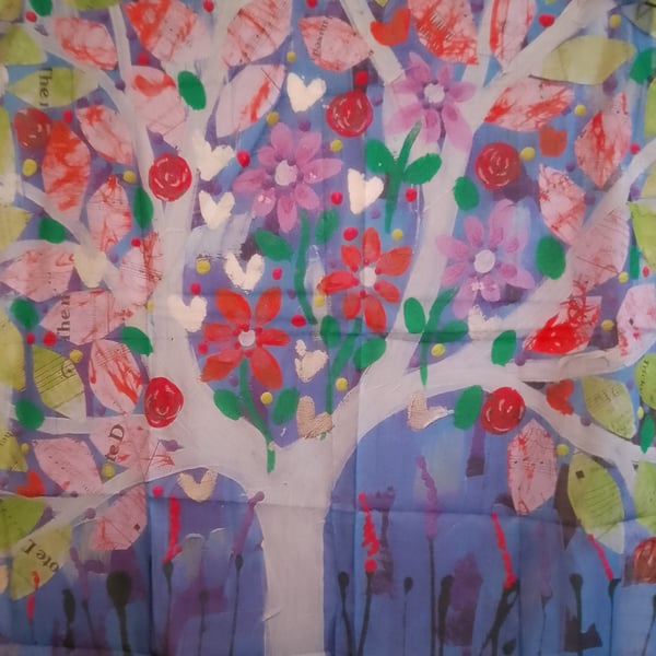 Quirky Jewelled Tree in a Blue Sky cotton scarf 90cm x 90 cm