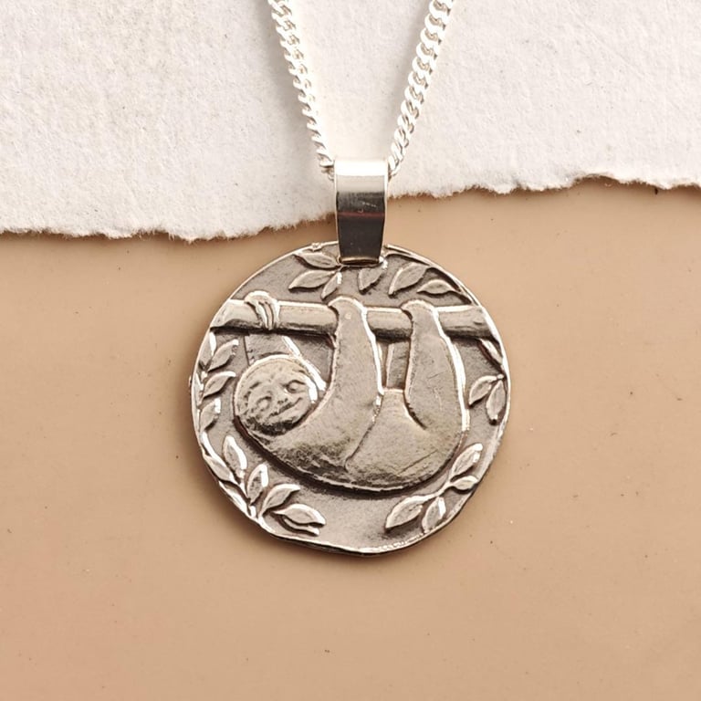 Sloth Engraved Sterling Silver Coin Necklace