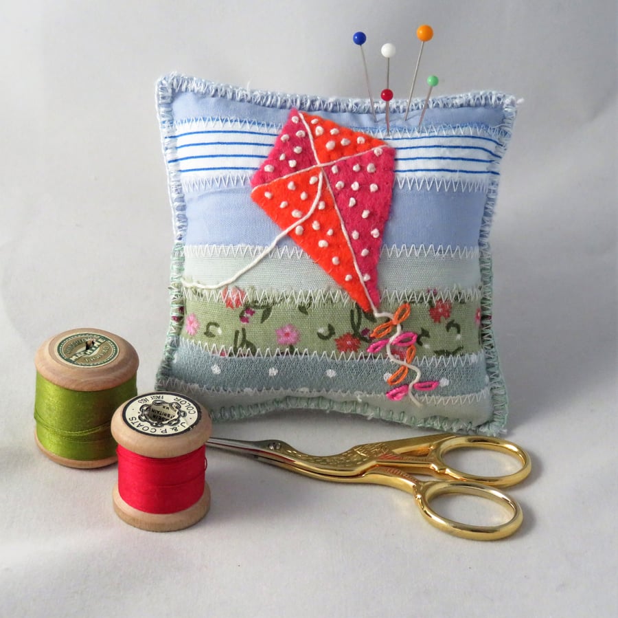 SALE - Kite Pincushion - appliqued and embroidered