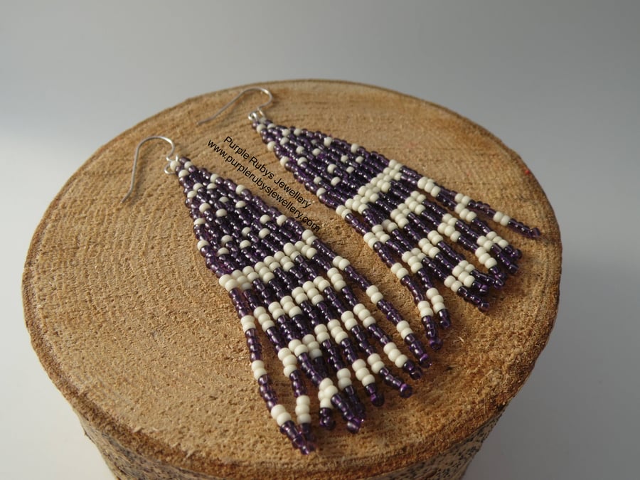 Amethyst & Cream Fringe Beaded Statement Earrings E545