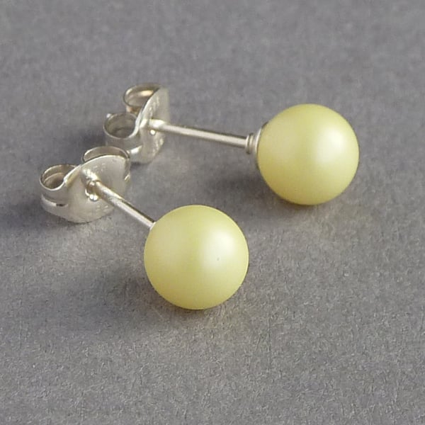 6mm Lemon Stud Earrings - Round Pale Yellow Studs - Small Coloured Pearl Studs