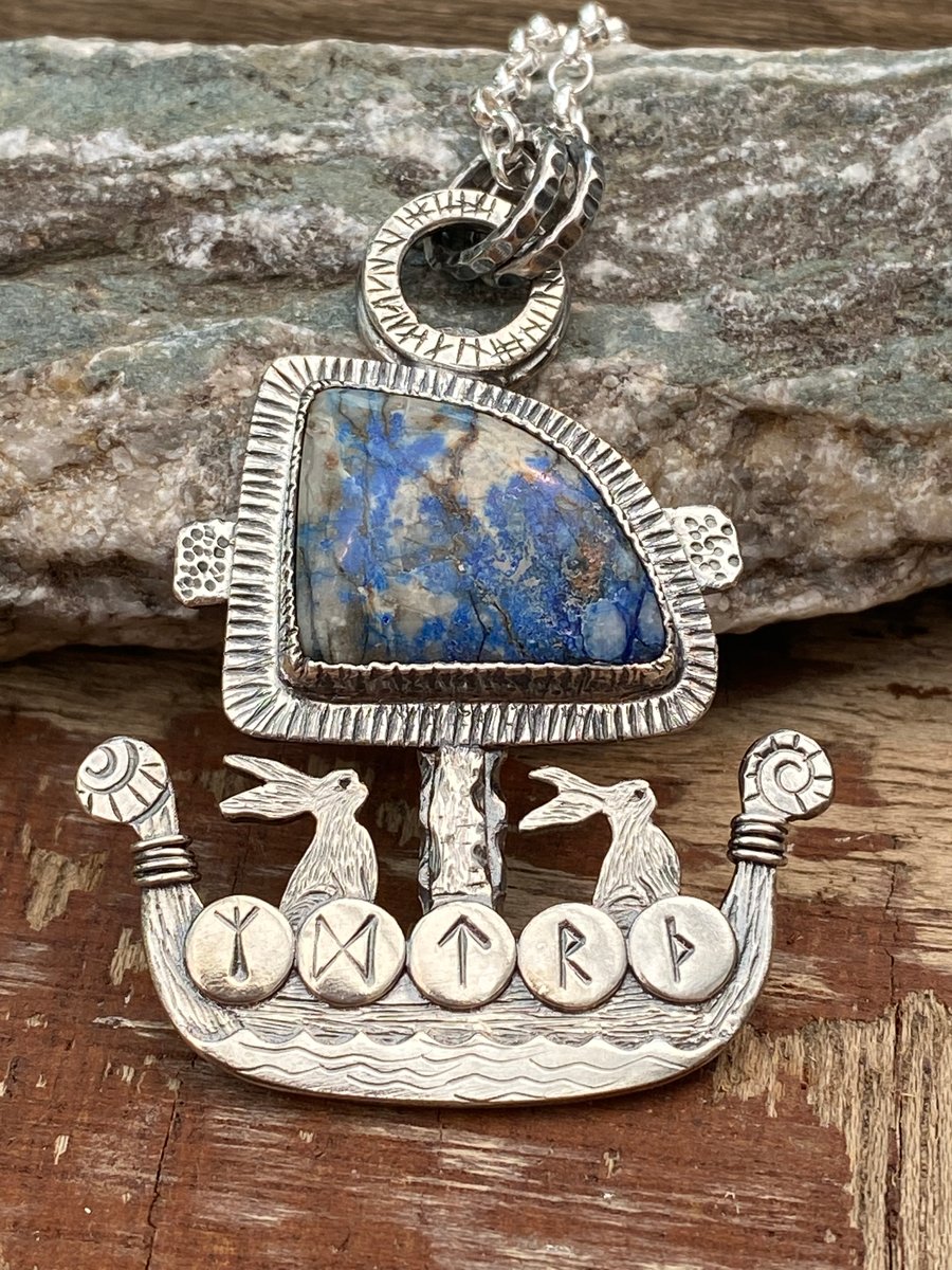 Hare Viking Ship with Azurite Necklace Pendant