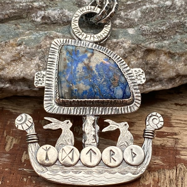 Hare Viking Ship with Azurite Necklace Pendant