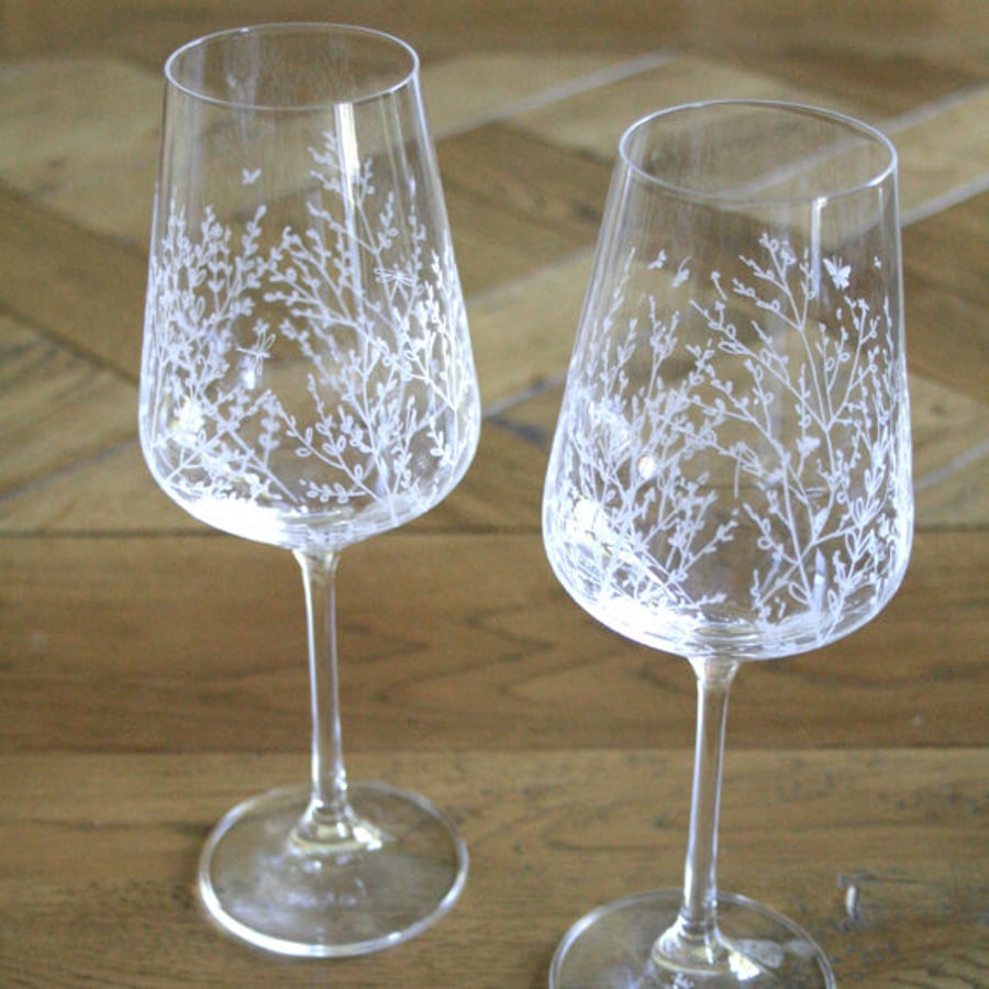 Pair of Hand Engraved Crystal Wine Glasses - Botanical Bursts & Spring Life