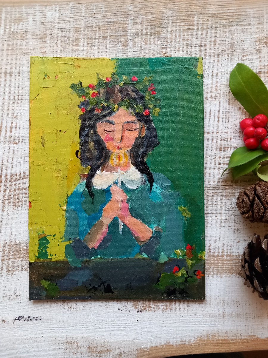 Original painting on thin canvas .Holly girl on winter solstice 