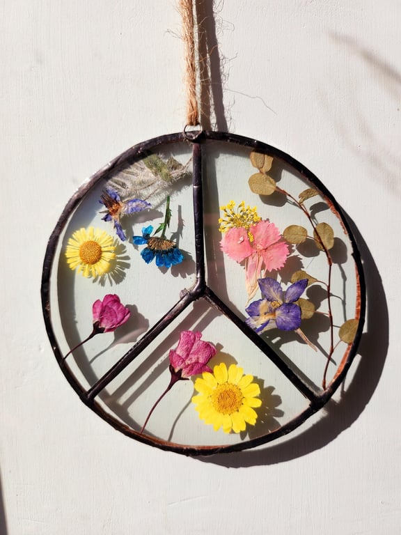 Pressed Flower Stained Glass Peace Sign Suncatcher: Boho Window Hanging