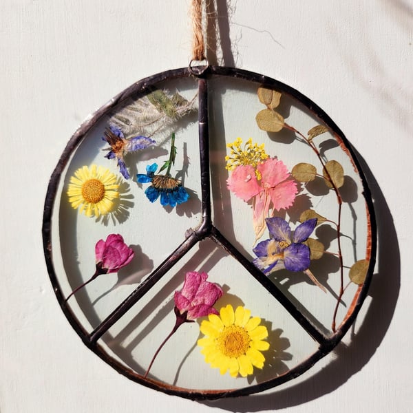 Pressed Flower Stained Glass Peace Sign Suncatcher: Boho Window Hanging