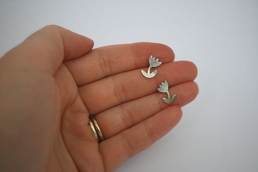 Eco Silver Folk Flower Handmade Stud Earrings, Oxidised