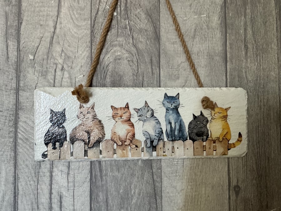 Hanging Slate Plaque. Cats.