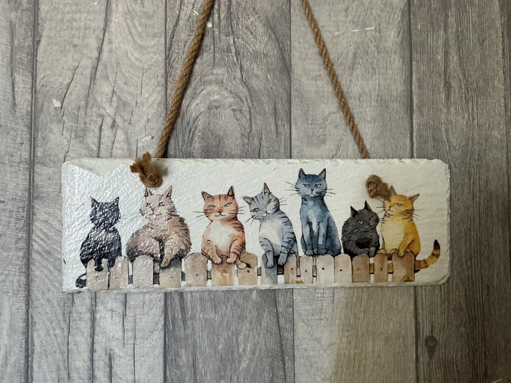 Hanging Slate Plaque. Cats.