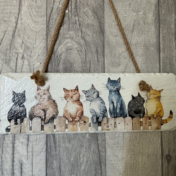 Hanging Slate Plaque. Cats.