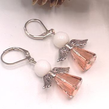 Pink Crystal Beaded Angel Earrings, Crystal Earrings, Angel Earrings