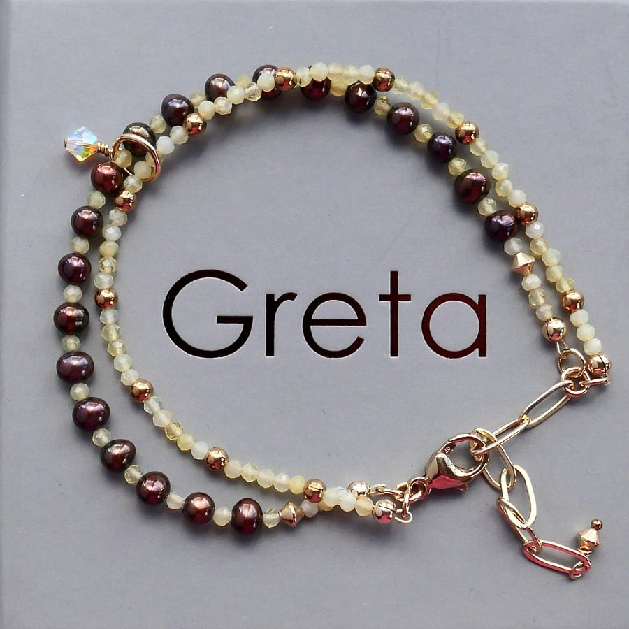 Double Strand Bracelet - Brown Pearl and Yellow Opal with Adjustable Clasp