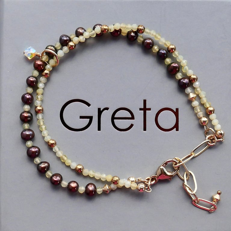 Double Strand Bracelet - Brown Pearl and Yellow Opal with Adjustable Clasp