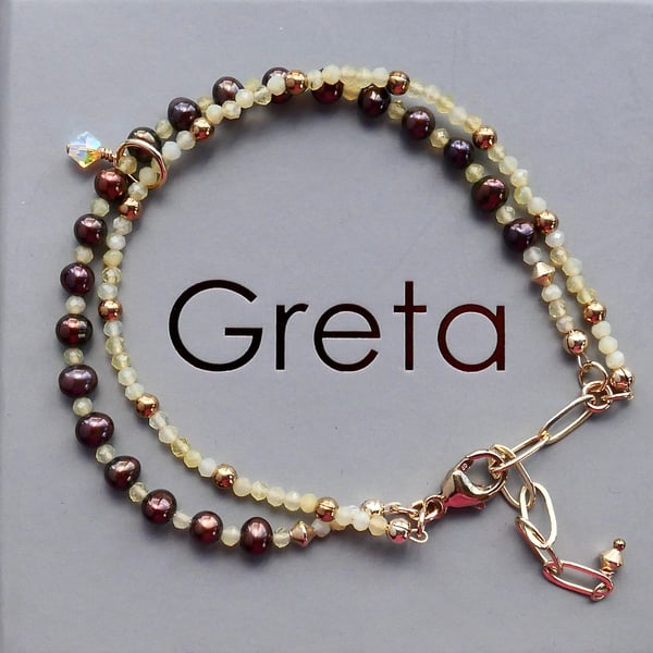 Double Strand Bracelet - Brown Pearl and Yellow Opal with Adjustable Clasp