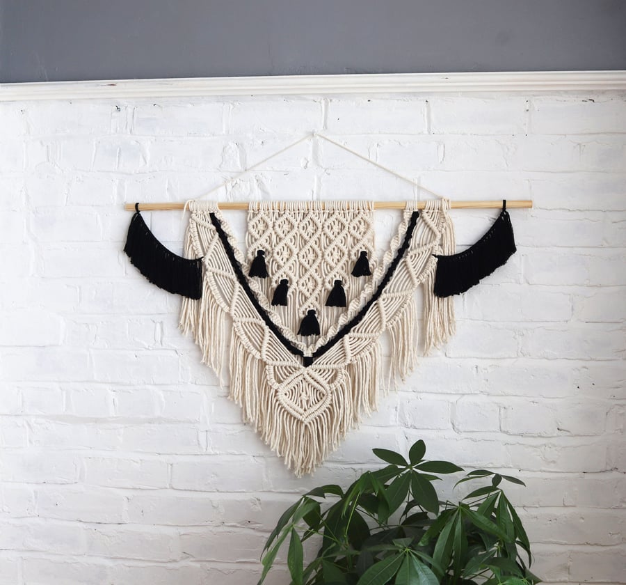 Courtney Love inspired Macrame Large Wall Hanging, White Black Lolita Boho Woven