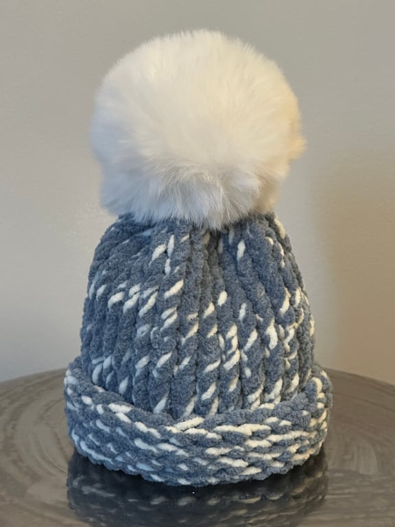 Handmade Blue & White Hat with Pom Pom 