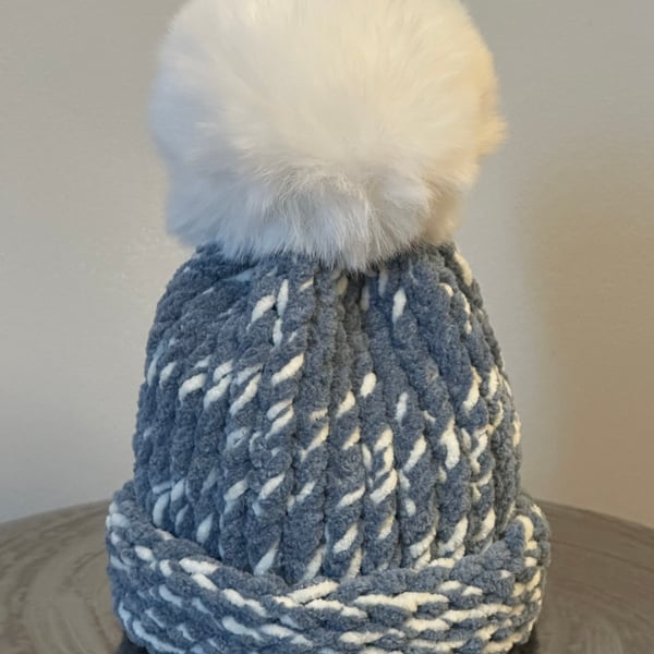 Handmade Blue & White Hat with Pom Pom 