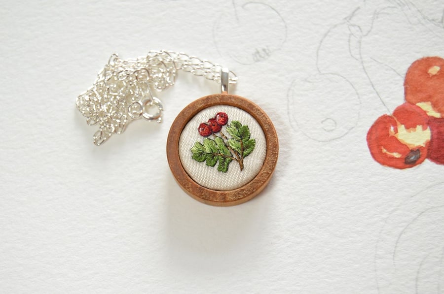 Silk hand embroidered hawthorn berries pendant