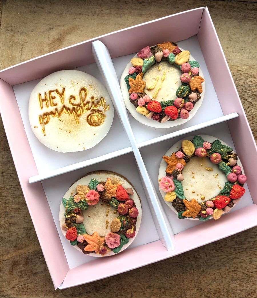 Hand-Iced Autumn Wreath Biscuits, Personalised Fall Gift Box, Edible Autumn Gift