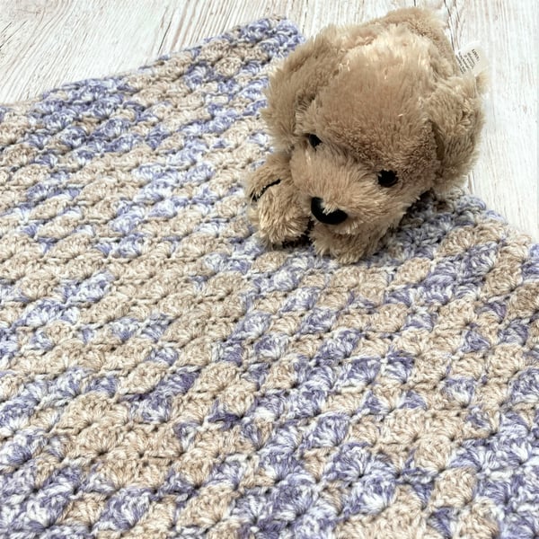Baby blanket  lap blanket crocheted in biscuit and violet