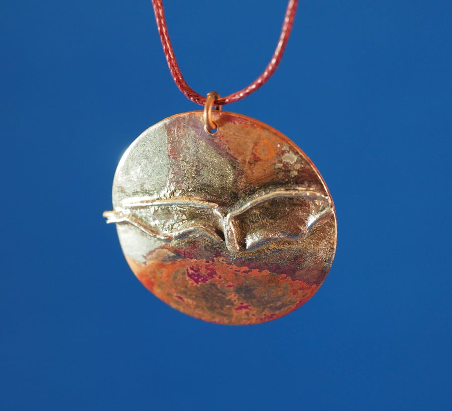 Bat in Clouds Circular Copper Pendant