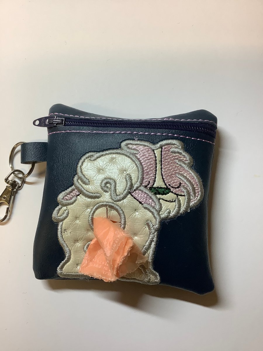 Attractive Shi tzu   Embroidered Navy  faux leather dog poo bag ,dog walking,