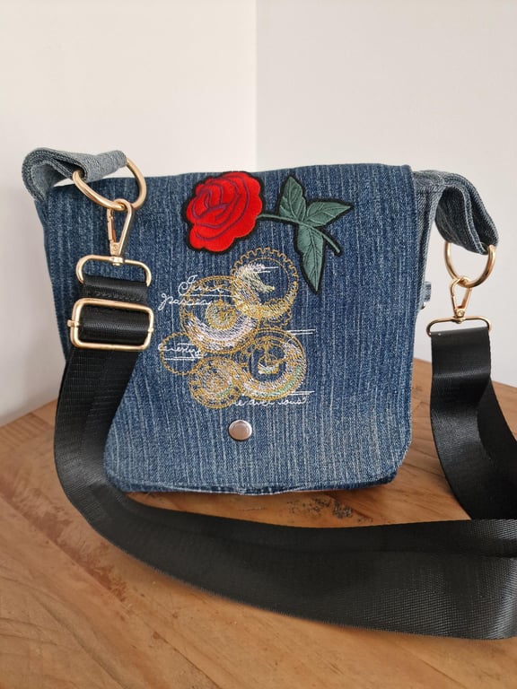 Handmade Parisian Clockwork Upcycled Denim Crossbody Bag