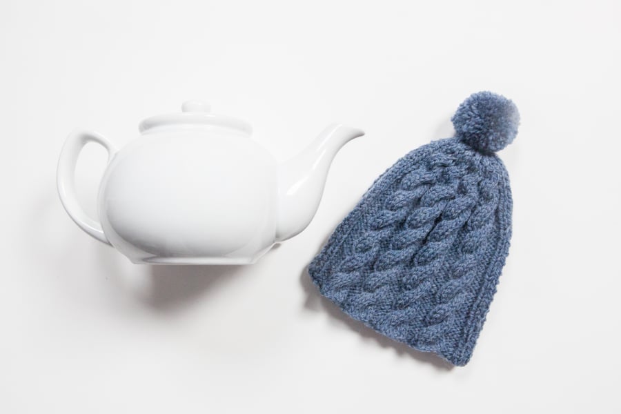 Denim hand knitted tea cosy - Pom pom tea cosy - Teapot cover & warmer