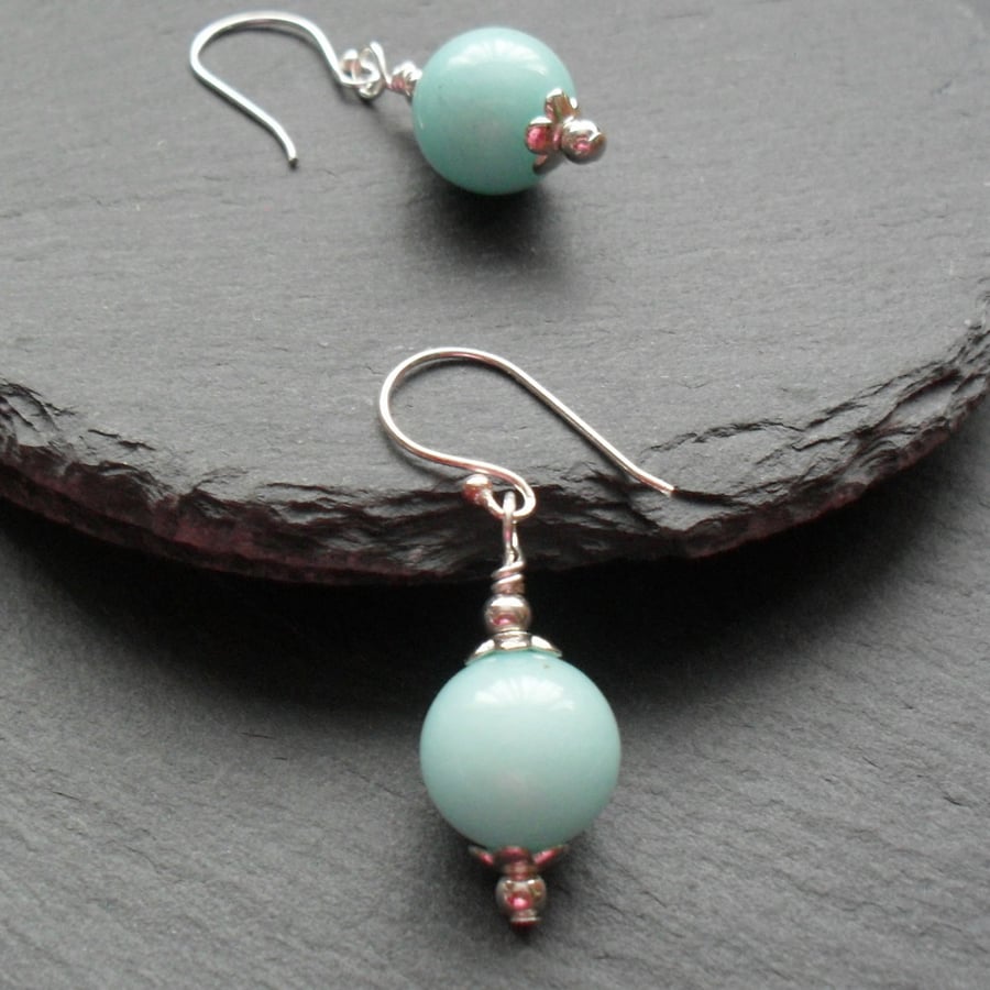 Aqua Quartzite Semi Precious Gemstone Earrings Silver Plate