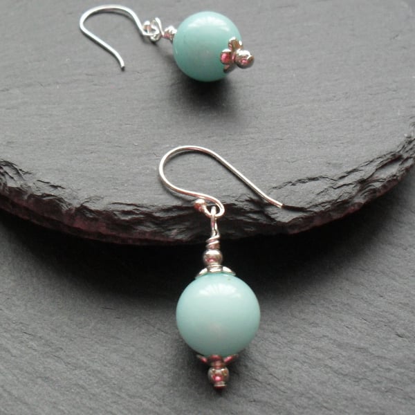 Aqua Quartzite Semi Precious Gemstone Earrings Silver Plate