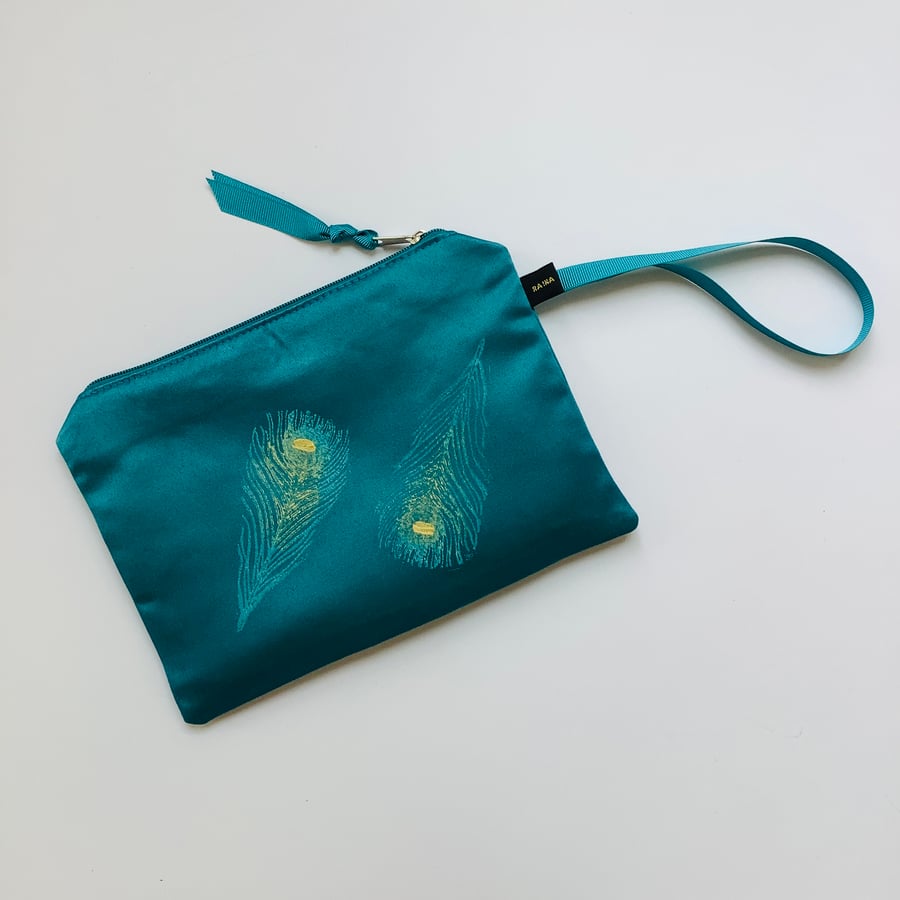 Teal Peacock Feathers Duchess Satin zip-up pouch