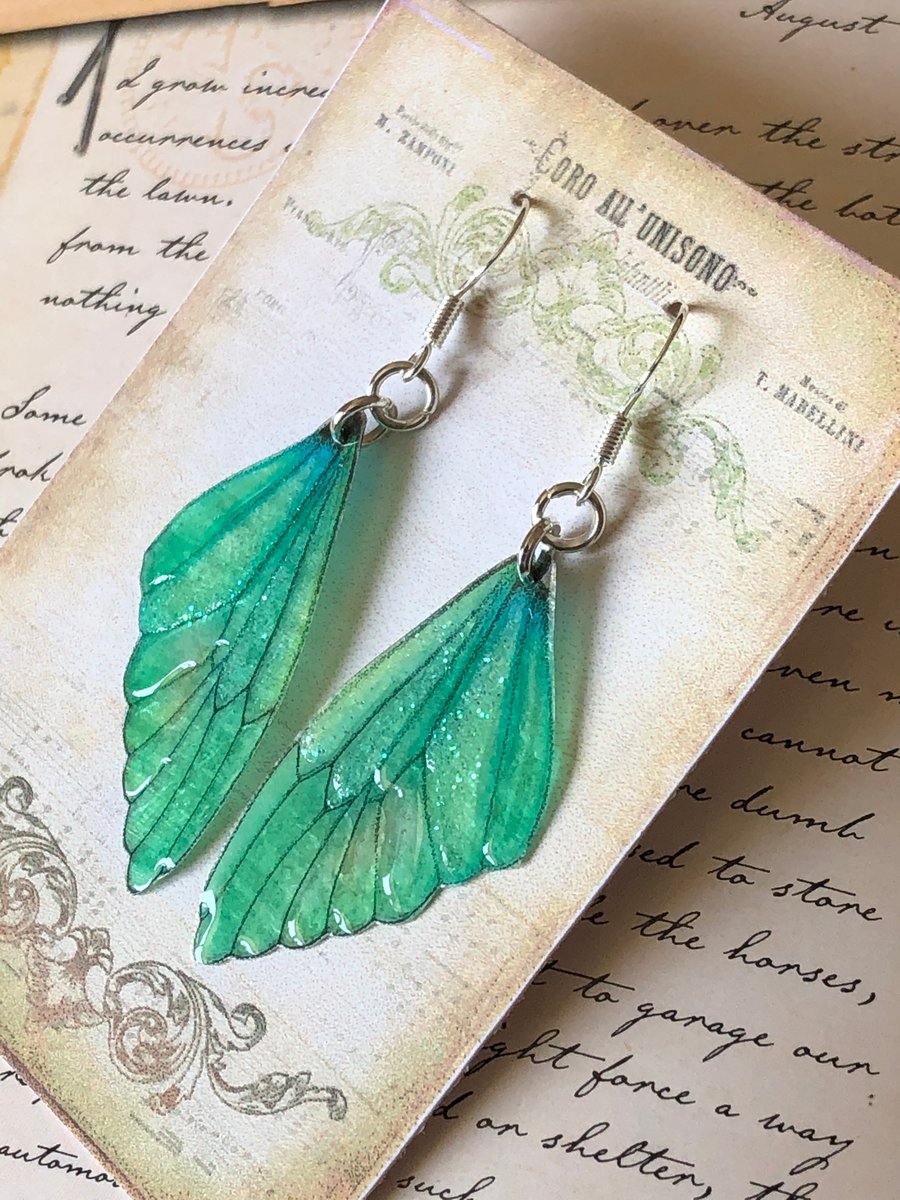 Green Fairy Wing Sterling Silver Earrings