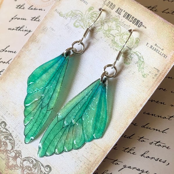 Green Fairy Wing Sterling Silver Earrings