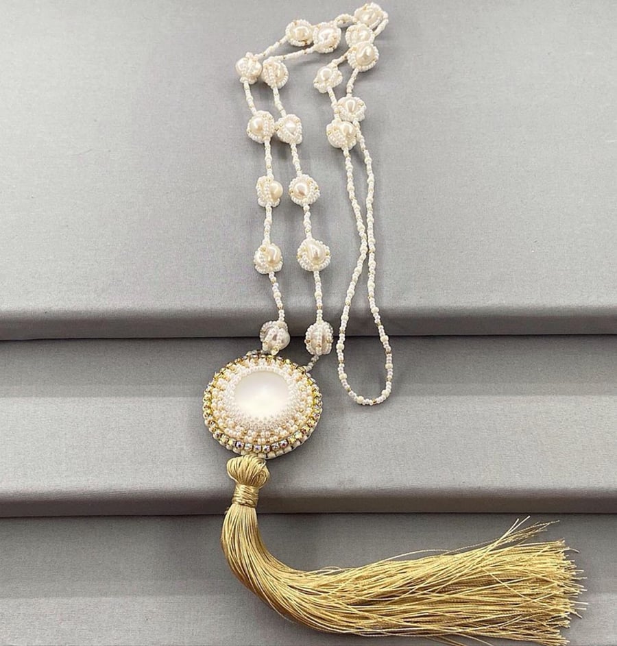 Long Elegant White Cultured Pearl Beaded Endless Necklace with Gold Tassel