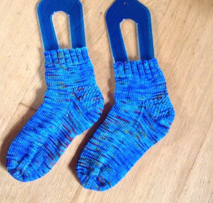 Blue Hand Knit Socks adult size 6-7