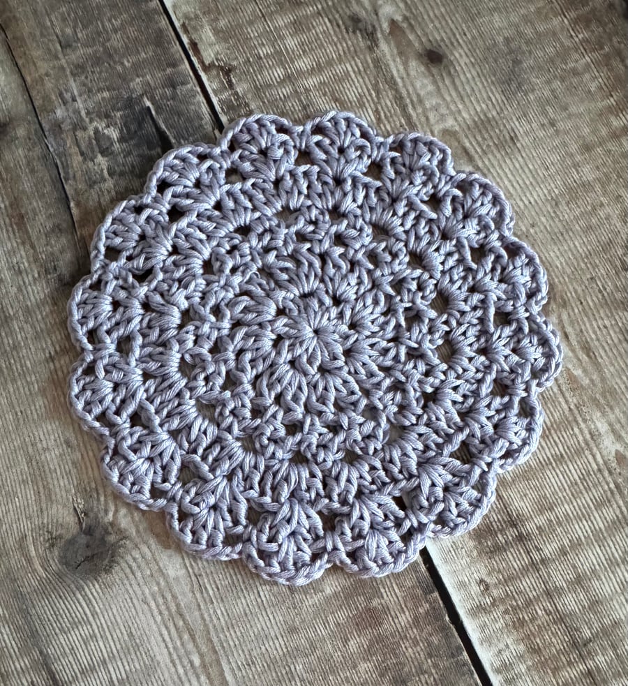 Hand crocheted 6” lavender coaster merceriised cotton