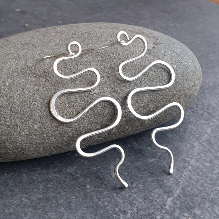 Long silver wave earrings, Statement earrings
